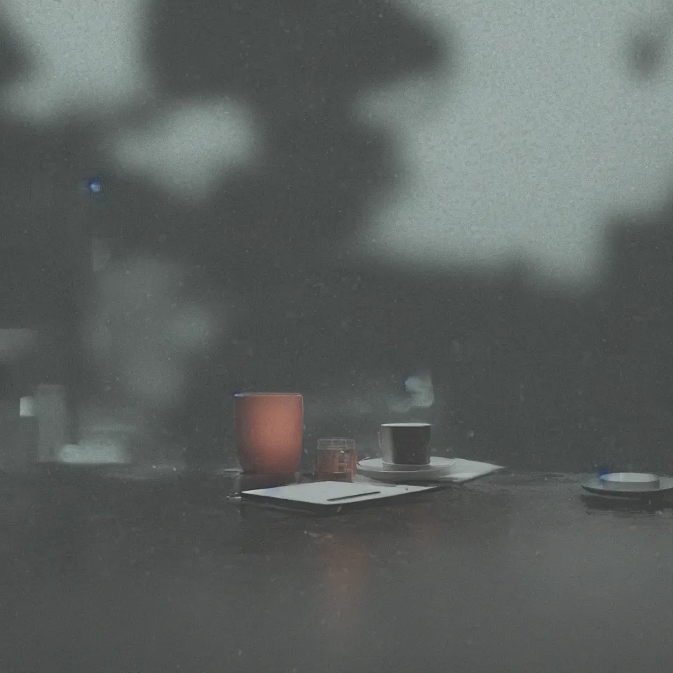 Image similar to lofi, rainy day, mood, laptop, octane render, light leaks 4k premiere pro, hyper realistic