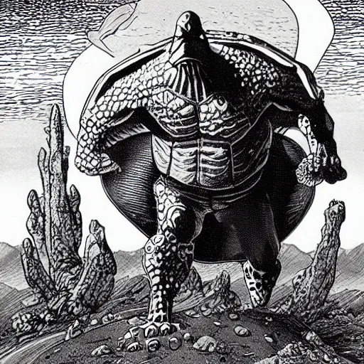 Image similar to anthropomorphic turtle hero by moebius