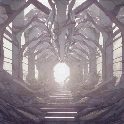 Image similar to a rotten fungus mushroom clump in a bright white hallway with many doors and stairs, Mc Escher architecture, epic composition, by Makoto Shinkai