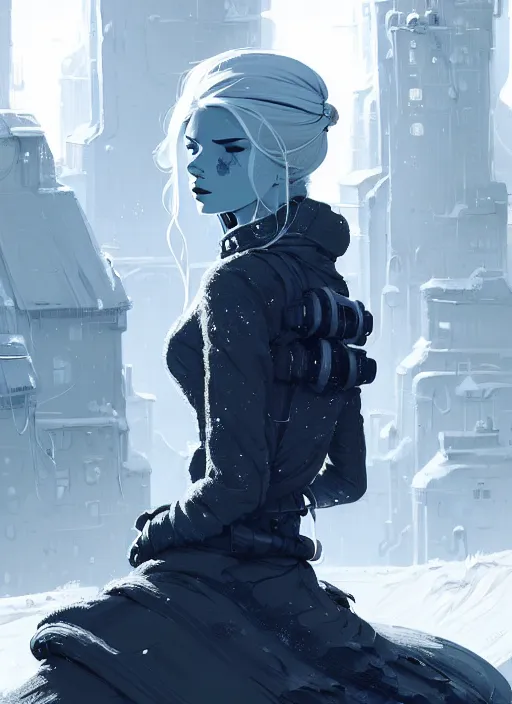 Image similar to highly detailed portrait of a hopeful frostpunk long blonde hair lady with curvy figure, stray wiring by atey ghailan, james gilleard, by joe fenton, by greg rutkowski, by greg tocchini, by kaethe butcher, 4 k resolution, gradient blue, black and white color scheme!!! ( ( glaciated robotic dystopian city background ) )