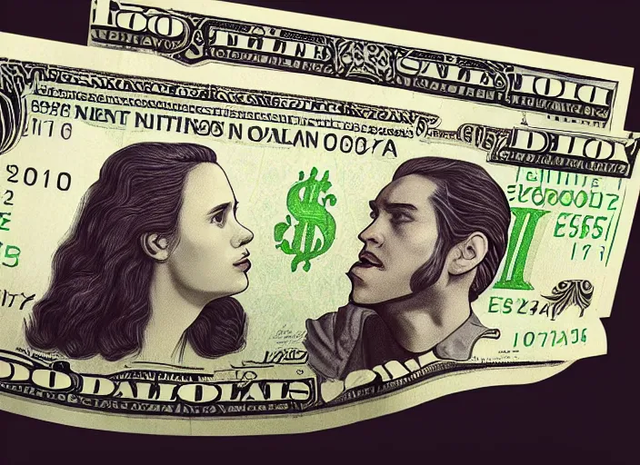 Image similar to reylo kissing dollar bill design