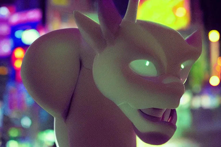 Image similar to closeup potrait of Mewtwo in Tokyo, neon light, sharp, detailed face, magazine, press, photo, Steve McCurry, David Lazar, Canon, Nikon, focus