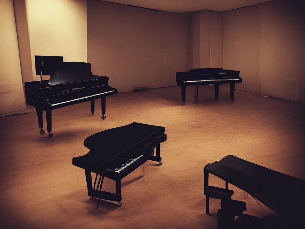 Image similar to “ a lone grand piano completely covered in spiderwebs in a dimly lit, empty rehearsal room, photorealism, light rays, cinematic lighting, dramatic, melancholy, atmospheric ”