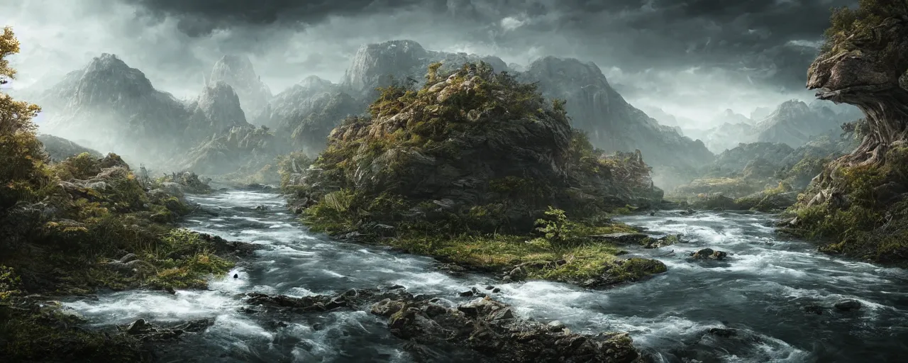 Image similar to ” otherwordly landscape with a river, [ by wlop, cinematic, detailed, epic, widescreen, opening, establishing, mattepainting, photorealistic, realistic textures, octane render ] ”