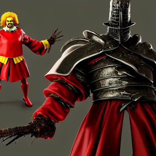 Image similar to ronald mcdonald as eldenring boss. fromsoftware, dark souls, eldenring, extremely detailed, insanely detailed, realistic, zbrush, trending on artstation, horror, bloodbourne