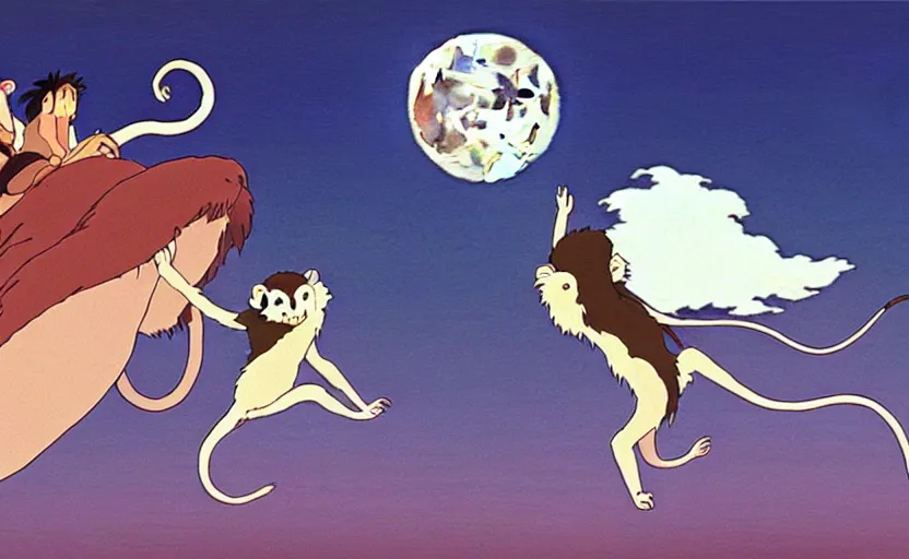 Prompt: a still from a studio ghibli movie of a cartoon monkey from princess mononoke ( 1 9 9 7 ) flying on a magic carpet in front of a pale full moon, full body, wide shot, very dull muted colors, studio ghibli, highly detailed, deviantart, art by artgem