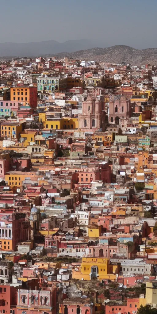 Image similar to symmetry!! arched window in foreground, guanajuato city in background, by wes anderson