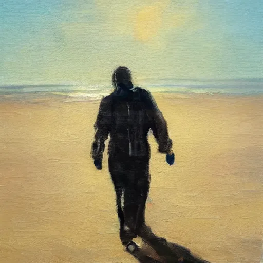 Image similar to a man in a hazmat walking on an abandoned beach, oil painting