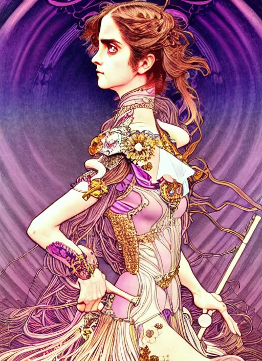 Prompt: highly detailed terada katsuya artstation ayami kojima manga poster of princess emma watson mechine, rainbow gradient reflection, long hair, armor, dress, laces, ruffles, 8 k, maximalist,, jump comics, tomer hanuka, alphonse mucha