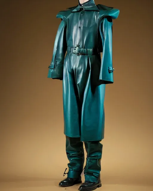 Prompt: an award - winning editorial photo of a teal extremely baggy but cropped ancient medieval designer menswear leather dutch police jacket with an oversized large collar and baggy bootcut trousers designed by alexander mcqueen, 4 k, studio lighting, wide angle lens