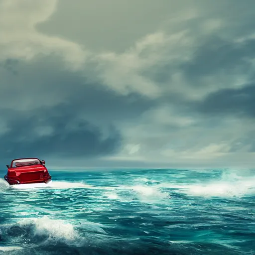 Image similar to red elephant car driving on the Pacific ocean, highly detailed, 8k, bordering on artstation,