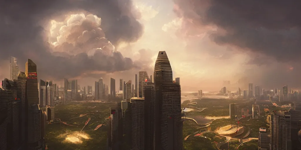 Image similar to Singapore city with a lion-shaped cloud in the sky, by greg rutkowski, red and white lighting, digital art, ultra realistic, ultra detailed, photorealistic, 4k, character concept