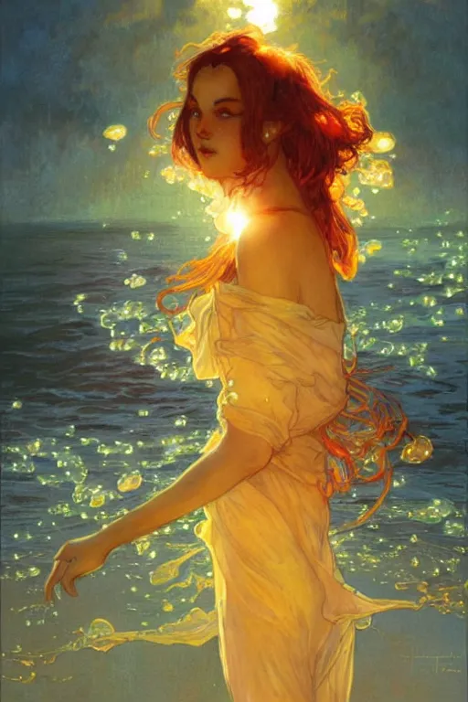 Image similar to glossy liquid honey drops flowing like translucent amber, backlit, sunset, refracted lighting, art by collier, albert aublet, krenz cushart, artem demura, alphonse mucha