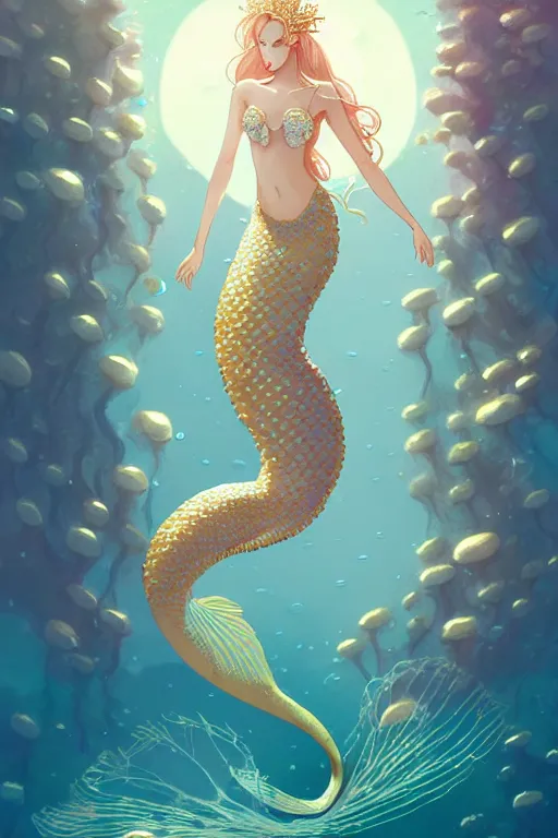 Prompt: a beautiful mermaid queen of the ocean in the middle of coral reefs, pearl and gold and crystal jewelry, complex and shiny dress inspired by jellyfish, by ross tran and atey ghailan, by greg rutkowski, by greg tocchini, by james gilleard, by joe fenton, by kaethe butcher, dynamic lighting, grunge aestheti