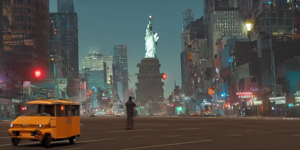 Image similar to a tuk tuk walking through a desolate manhattan city street at night statue of liberty seen in the background realistic 4 k octane beautiful