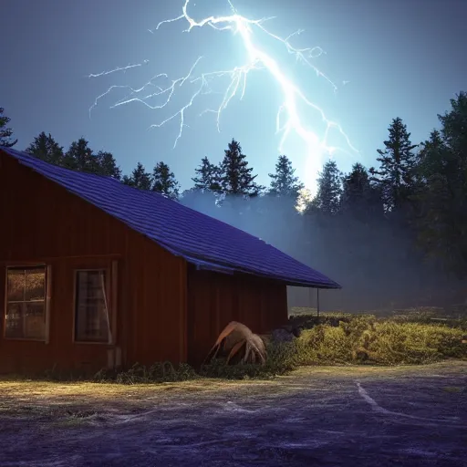 Prompt: a ultra realistic blue lightning arc over a cabin in the wood, by night. cows in the field. pines. horror movie scene, complex, highly detailed, unreal engine 5, 8 k render