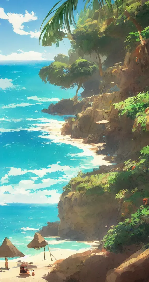 Prompt: A long and winding beach, tropical, bright, simple, by Studio Ghibli and Greg Rutkowski, artstation