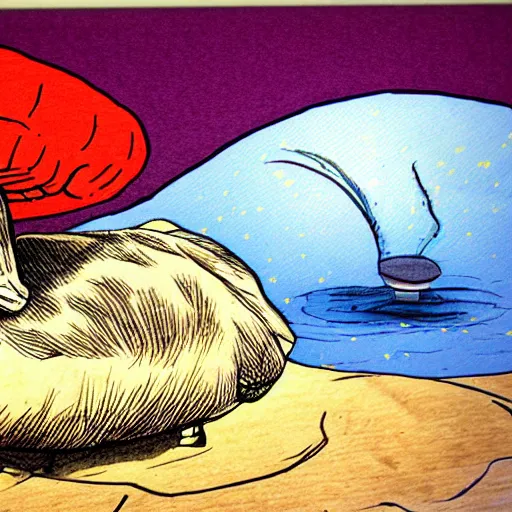 Prompt: duck sleeping on a giant mushroom digital drawing