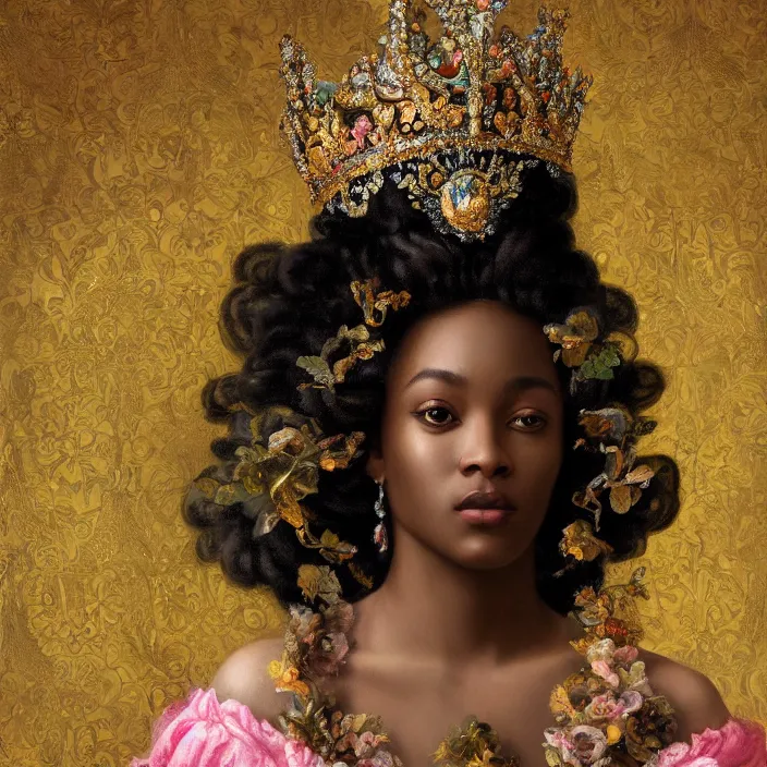 Prompt: highly detailed venetian rococo portrait of a black princess wearing a crown, golden jewels, pastel flowery background, 8 k, realism, volumetric lighting, flowers, fantasy, realistic, symmetrical face, digital illustration, art by krenz cushart, alphonse mucha, kehinde wiley, artem demura