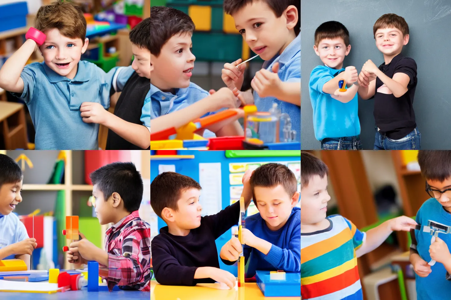 Prompt: two boys in kindergarten trying to measure masculinity of each other, realistic photo