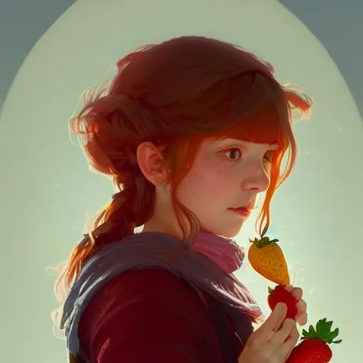 Prompt: Portrait of Madeline from celeste eating a strawberry, highly detailed, digital painting, artstation, concept art, sharp focus, illustration, art by greg rutkowski and alphonse mucha