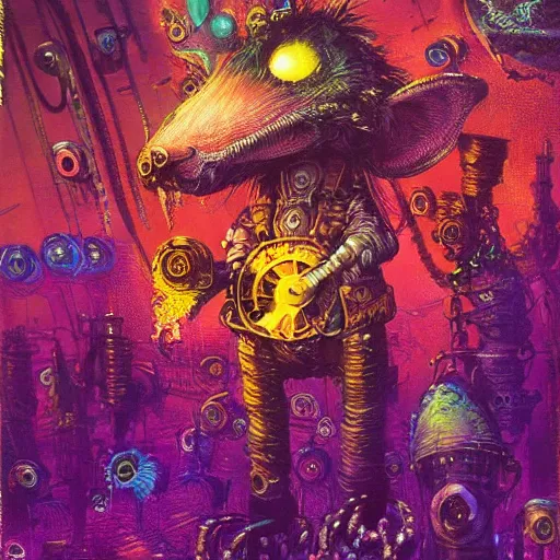 Image similar to steampunk rat, acid, 303, psychedelic, by paul lehr