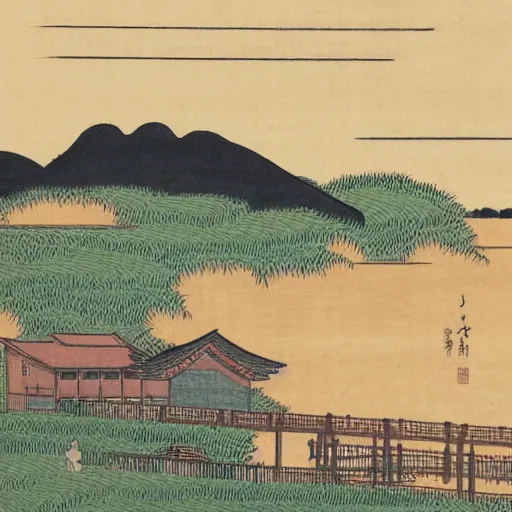 Image similar to a farm next to a lake in the style of ukiyo - e