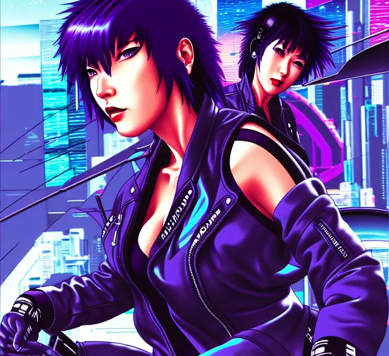 Image similar to motoko kusanagi riding a cyberpunk vehicle in a grungy cyberpunk megacity, bosozoku gang war, cyberpunk vaporwave, artgerm, sola digital arts, anti aliasing, raytracing