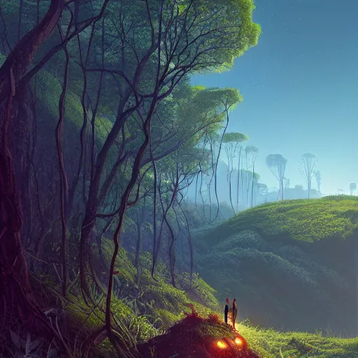 Prompt: digital artwork of a lush natural scene on an alien planet by simon stalenhag. extremely detailed. science fiction. beautiful landscape. weird vegetation. cliffs and water.