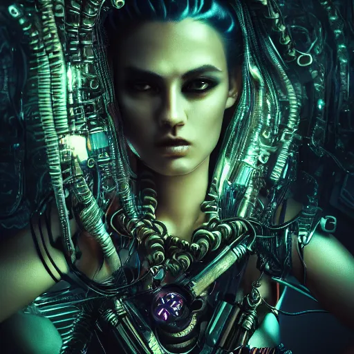 Image similar to Cyberpunk medusa, dark atmosphere, cinematic shot, glamour, intricate, ornate, photorealistic, ultra detailed, realistic, 35mm, photography, neon, octane, high definition, depth of field, bokeh, 8k, artstation