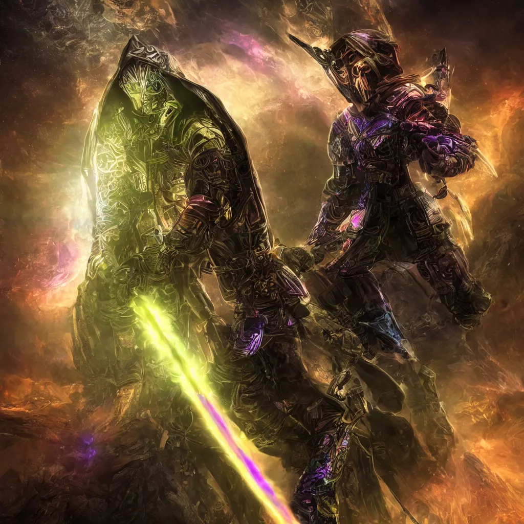 Prompt: Photorealistic render of a dark hooded powerful elite assassin wearing iridescent armor coated in complex circuit boards and brandishing a multicolored celestial sword (detailed, colorful,, iridescent, high quality, epic, futuristic, octane render, beautiful, shimmering, deity, epic dark megastructure background)