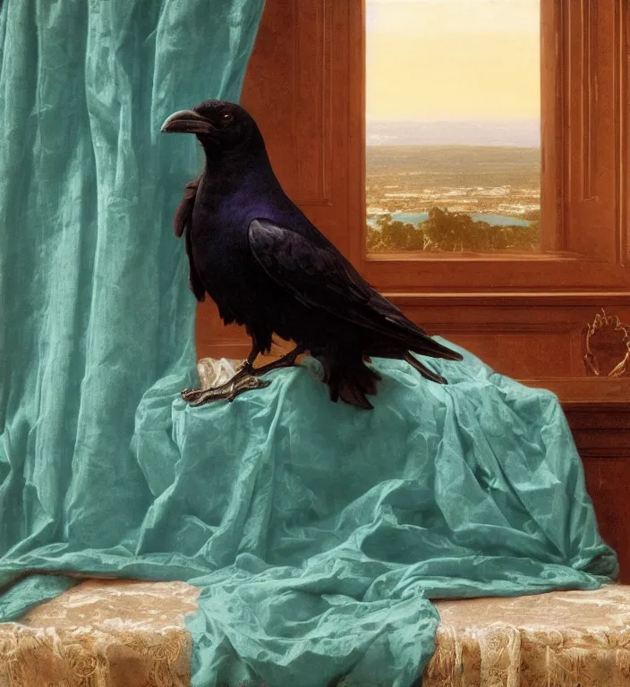 Image similar to a beautifully photoreal clear detailed victorian portrait of a close up raven on a victorian windowsill with an ornate velvet teal curtain at beautiful sunset daytime nature sunlit painting by frederic leighton and turner and rosetti, 8 k, octane render