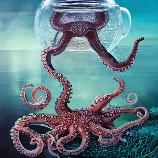 Image similar to a clear teapot with an ocean inside with octopus, sea monsters, fish, coral, and seaweed, highly detailed, 8 k, trending on artstation, award - winning art,