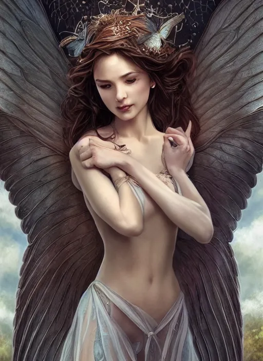 Image similar to full body portrait of a beautiful fairy women with wings of lace, by artgerm, sunny day, highly detailed, perfect lighting, perfect composition, symmetry, detailed features, 4 k, by alan lee, by derek zabrocki, by greg rutkowski