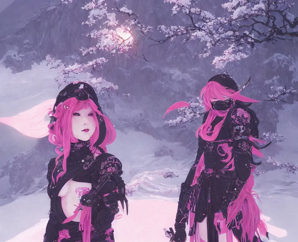 Image similar to portrait ninja gaiden girl, black plus little pink ninja wardrobe, at snowy fuji mountain sunrise, ssci - fi and fantasy, intricate and very very beautiful, detailed, digital painting, artstation, concept art, smooth and sharp focus, illustration, art by tian zi and wlop and alphonse mucha