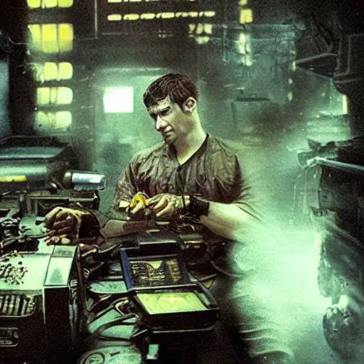 Image similar to augmented human repairing commodore 6 4, dark messy smoke - filled cluttered workshop, dark, dramatic lighting, orange tint, cinematic, highly detailed, sci - fi, futuristic, movie still from blade runner