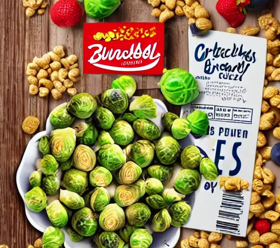 Prompt: full body promotional poster for a new cereal box made from brussel sprouts,