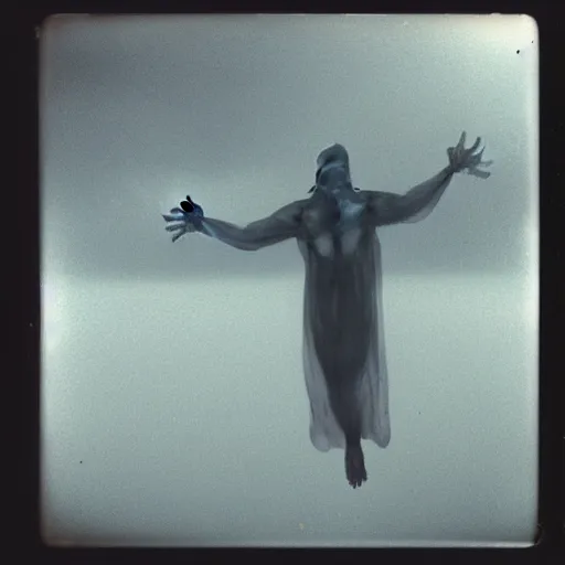 Prompt: semi translucent frog hovering over misty water in Jesus Christ pose, polaroid photography by Andrei Tarkovsky, paranormal, spiritual, mystical