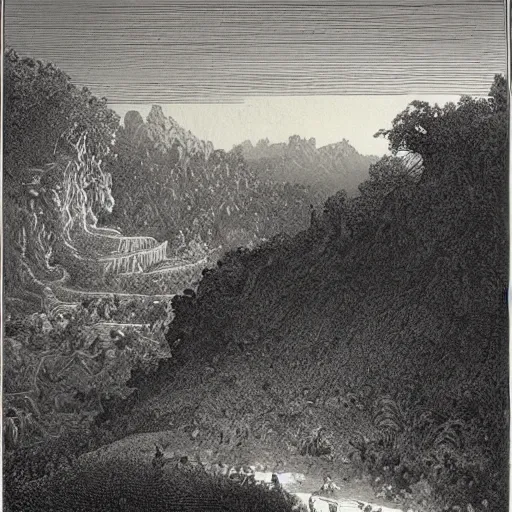 Prompt: the earthly paradise, gustave dore engraving