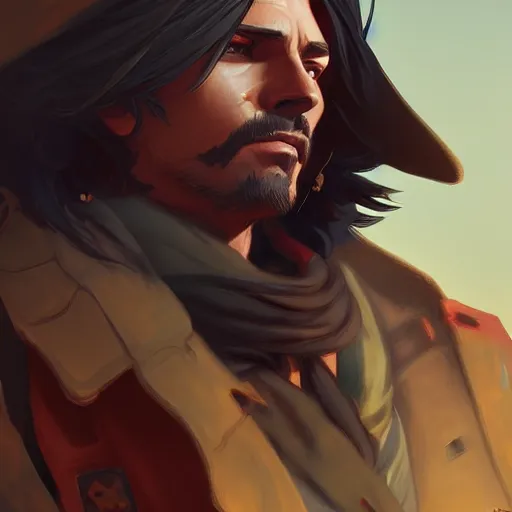 Image similar to mccree from overwatch, highly detailed, digital painting, artstation, concept art, sharp focus, illustration, art by greg rutkowski and alphonse mucha