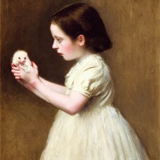 Prompt: girl with albino mouse, by alfred stevens