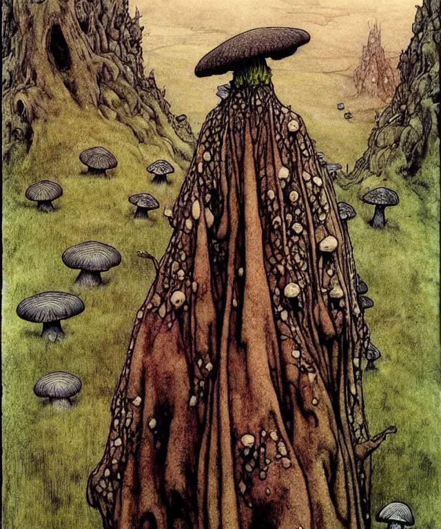 Image similar to A detailed funguswoman stands among the mushroom hills. Wearing a ripped mantle, robe. Perfect faces, extremely high details, realistic, fantasy art, solo, masterpiece, art by Arthur Rackham, Zdzisław Beksiński