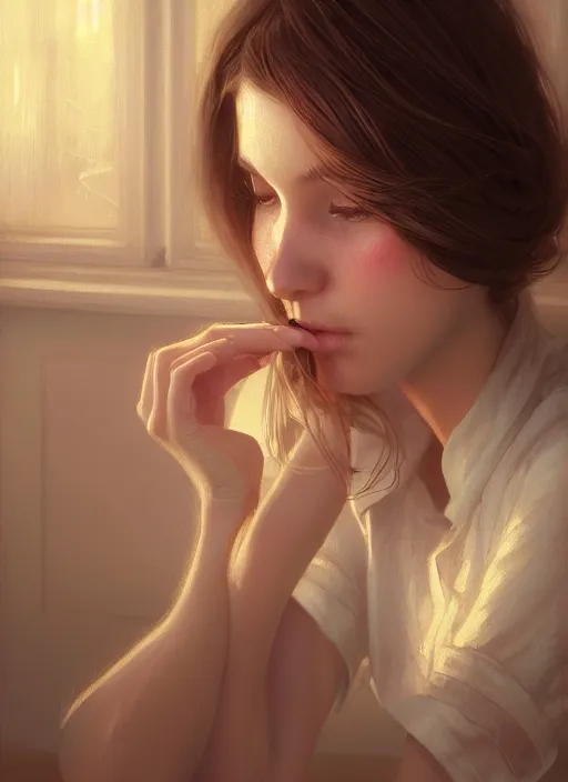 Prompt: a beautiful brown - haired girl with a summer dress in restaurant, intricate, elegant, highly detailed, digital painting, artstation, concept art, smooth, sharp focus, illustration, ethereal, misty, by ilya kuvshinov and jeremy mann, 8 k, octane render