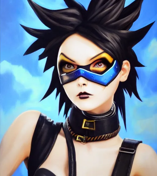 Image similar to oil painting of goth tracer overwatch in a field wearing very large black leather belt choker collar around neck, in style of mark arian, expressive face, very detailed face, very detailed eyes, full body, feminine face, detailed makeup on eyes, tracer overwatch,