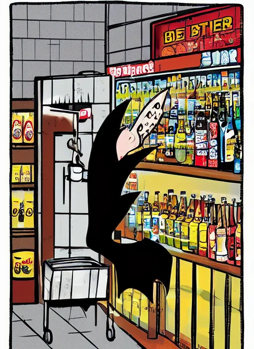 Image similar to digital art of a bat buying a beer in a convenience store, highly detailed