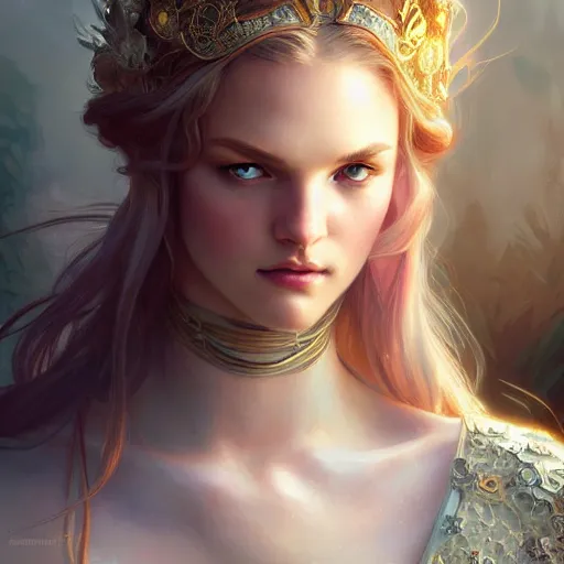 Image similar to beautiful Ering Heatherton, closeup, D&D, fantasy, intricate, elegant, highly detailed, digital painting, artstation, concept art, matte, sharp focus, illustration, art by Artgerm and Greg Rutkowski and Alphonse Mucha