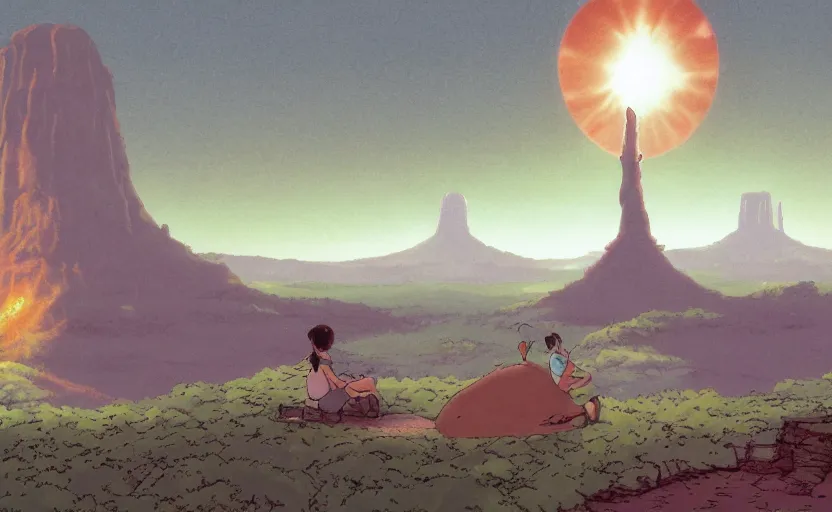 Image similar to a cell - shaded studio ghibli concept art from paprika ( 2 0 0 6 ) of a ufo with lights independence day ( 1 9 9 6 ) sitting on top of a lush temple that looks like monument valley stonehenge jungle on a misty starry night. a giant camel is in the foreground. very dull colors, hd, 4 k, hq