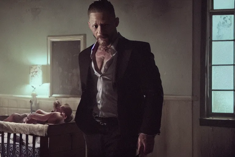 Image similar to film still of Tom Hardy as Max Payne in a dark dream crying over baby crib in the Max Payne movie, 4k