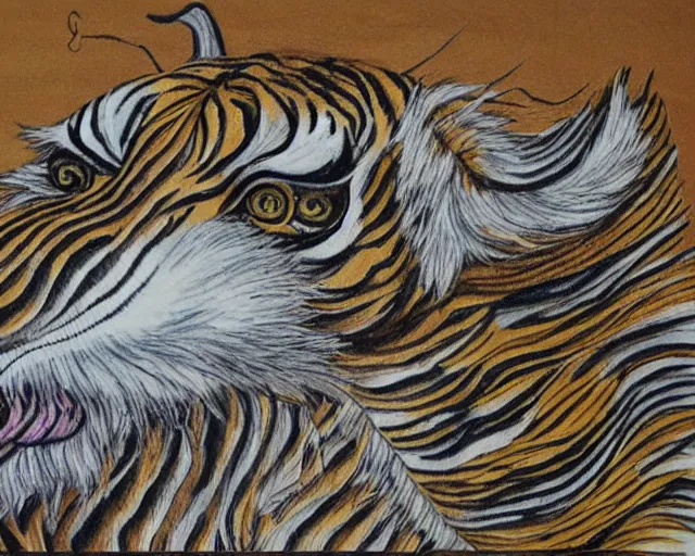 Image similar to tiger striped dragon with a swan's body and neck