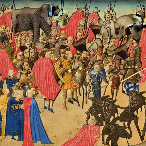 Prompt: A fantasy battle between many valkyries and many elephant riders, medieval painting